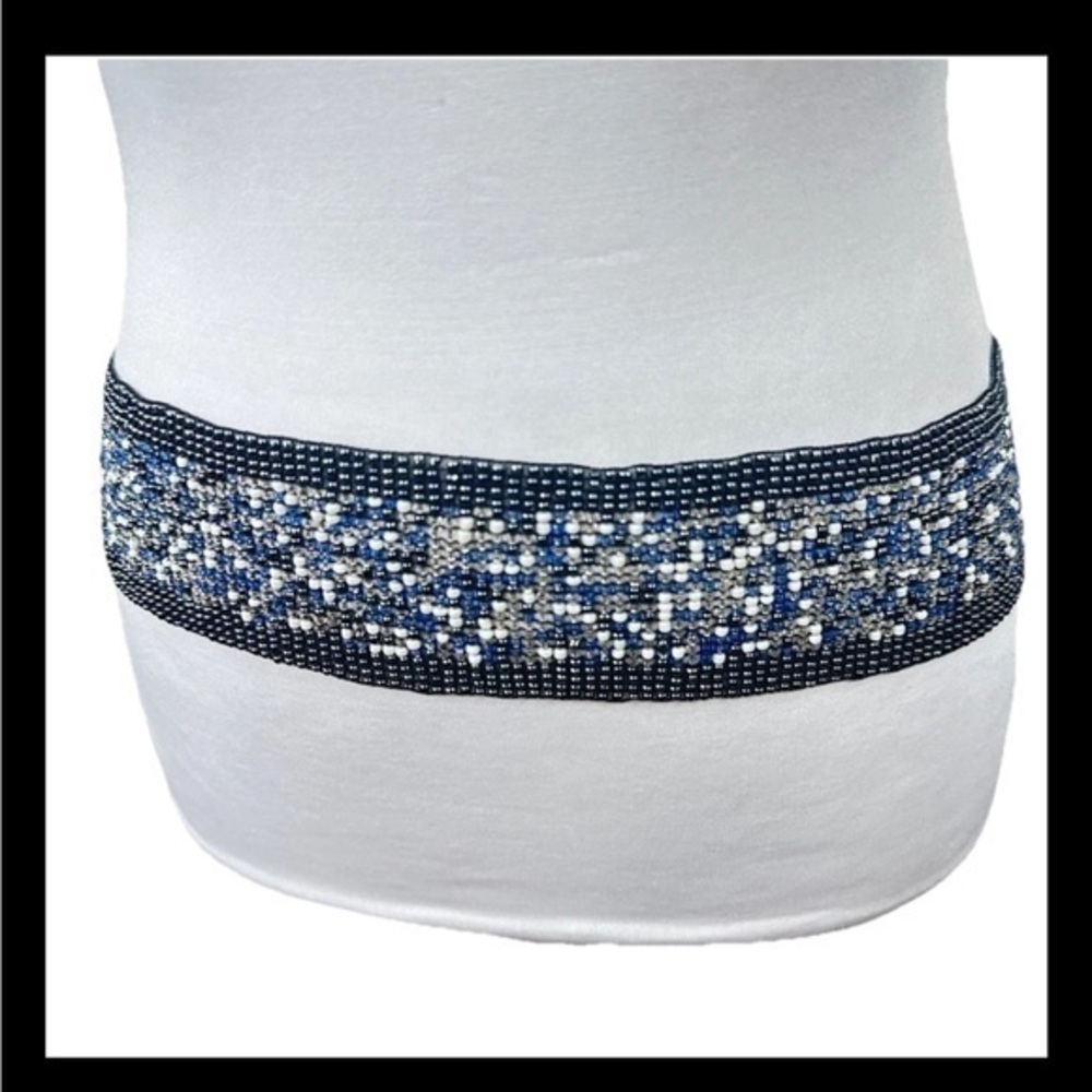 Chico's Blue & White Beaded Stretchy Belt - Large Festival Boho